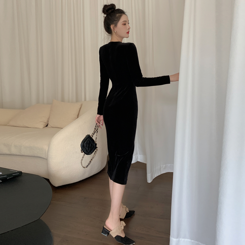 Sexy France style hollow split velvet slim dress