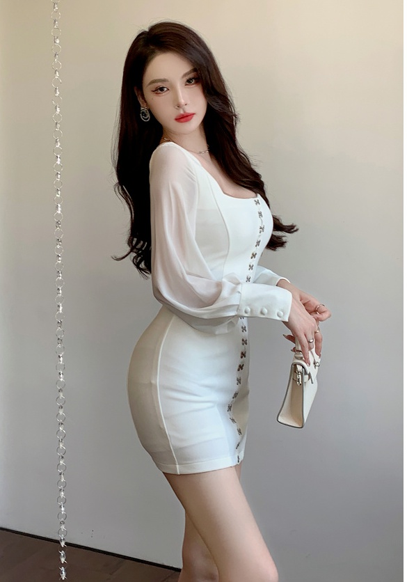 Autumn long sleeve square collar puff sleeve dress for women