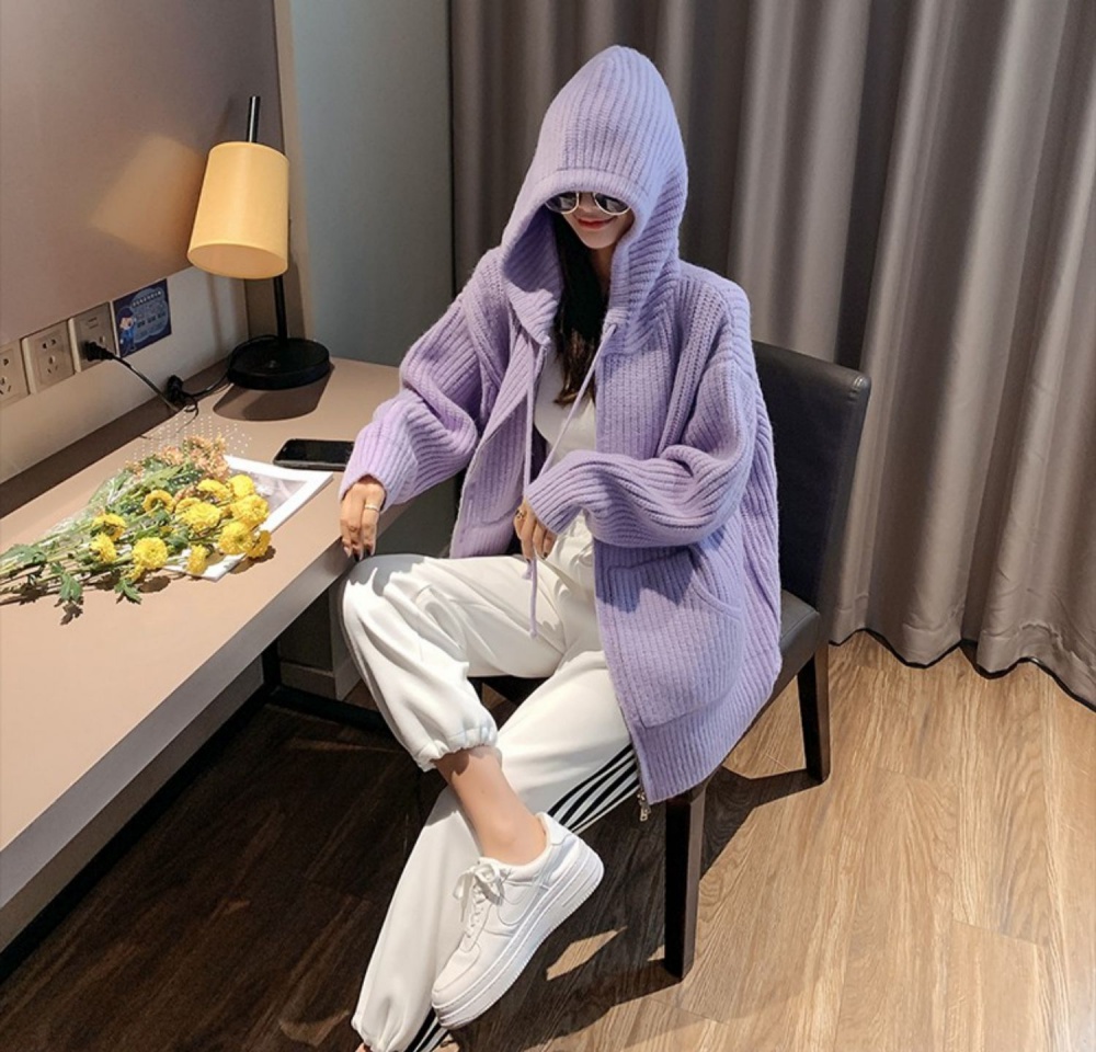 Purple hooded sweater long knitted tops for women