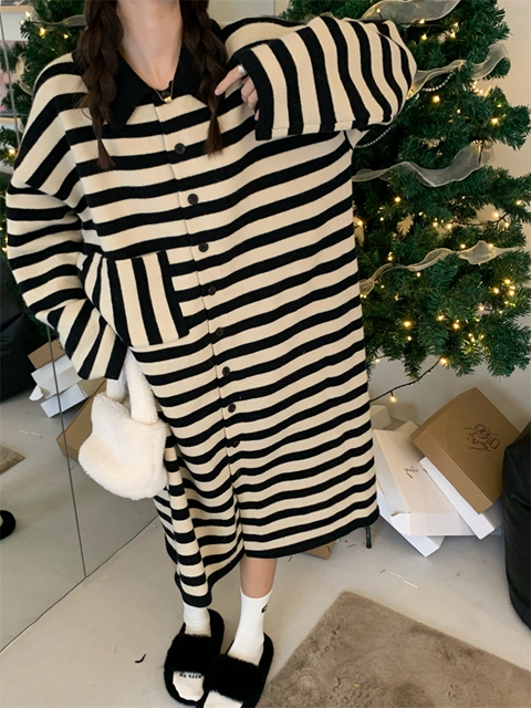 Stripe long autumn and winter sweater exceed knee lazy dress