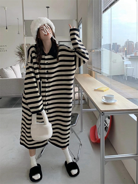 Stripe long autumn and winter sweater exceed knee lazy dress