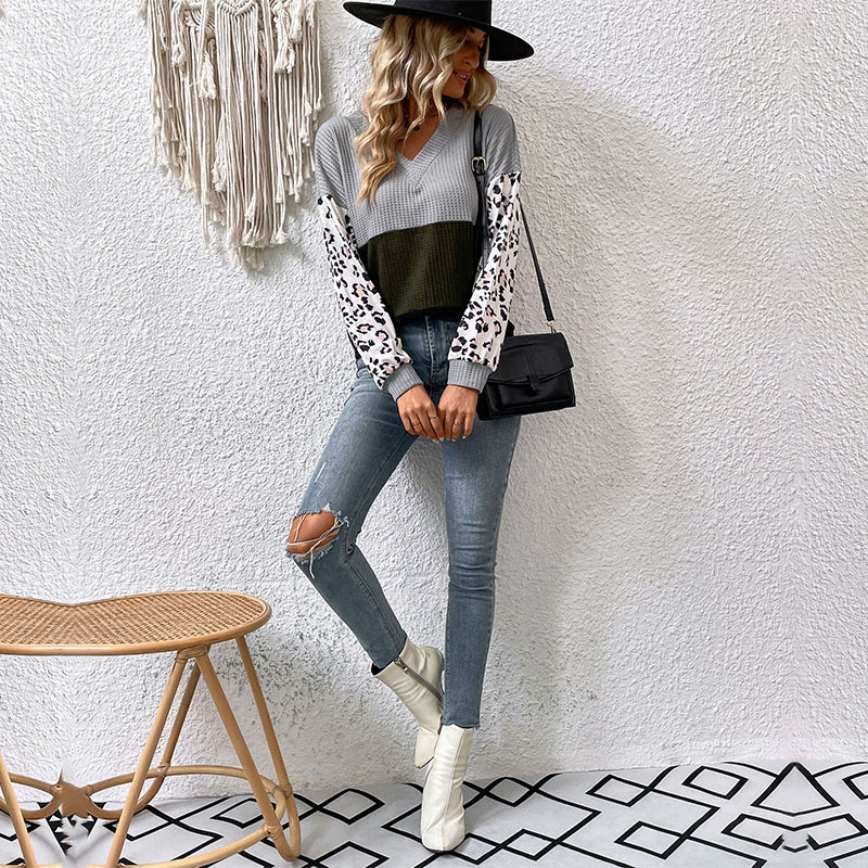 V-neck long sleeve sweater fashion leopard tops