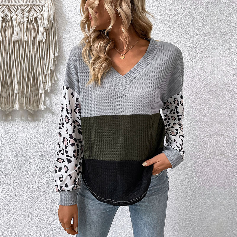 V-neck long sleeve sweater fashion leopard tops