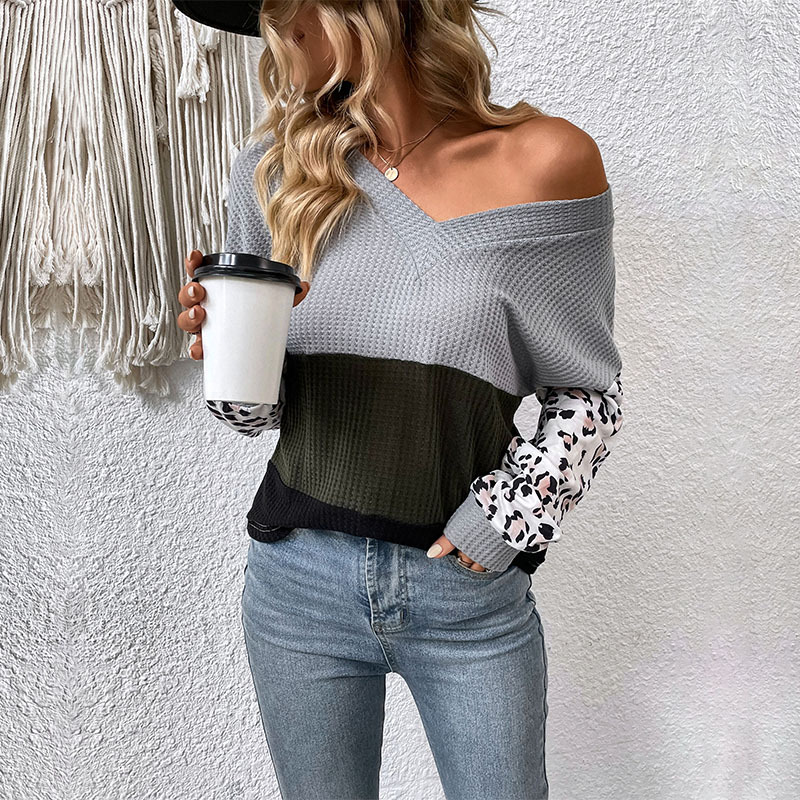 V-neck long sleeve sweater fashion leopard tops