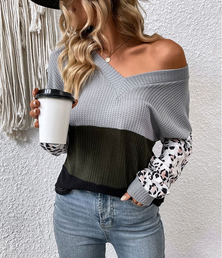 V-neck long sleeve sweater fashion leopard tops