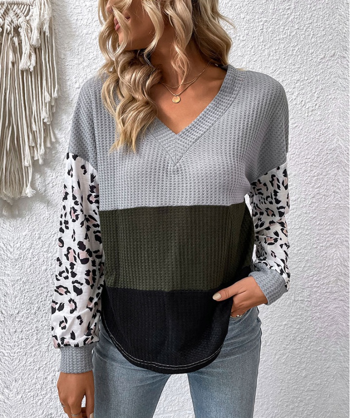 V-neck long sleeve sweater fashion leopard tops