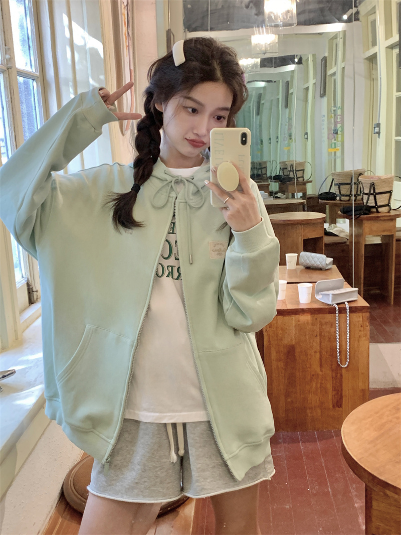 Hooded green tops thin Japanese style coat for women