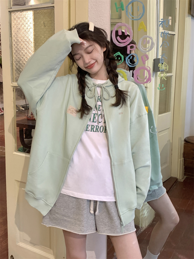Hooded green tops thin Japanese style coat for women