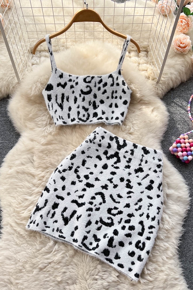 Summer small sling leopard skirt 2pcs set for women