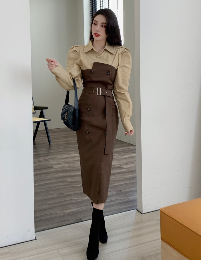 Western style puff sleeve long dress Korean style dress