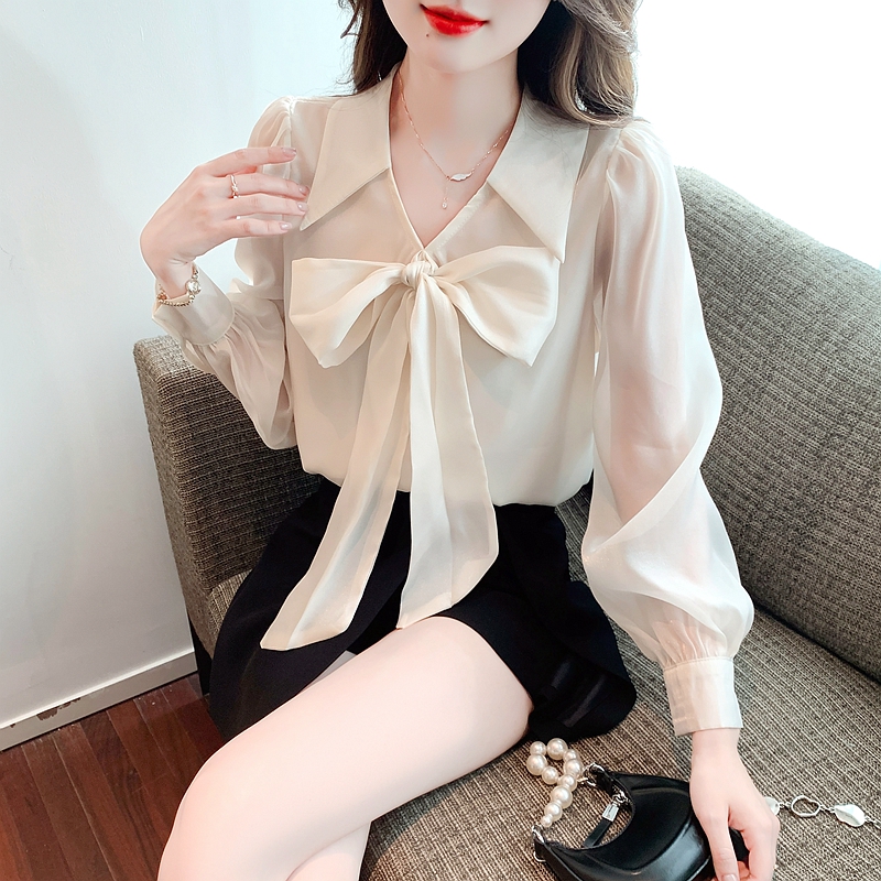 Autumn chiffon fashion pure bow lady shirt for women