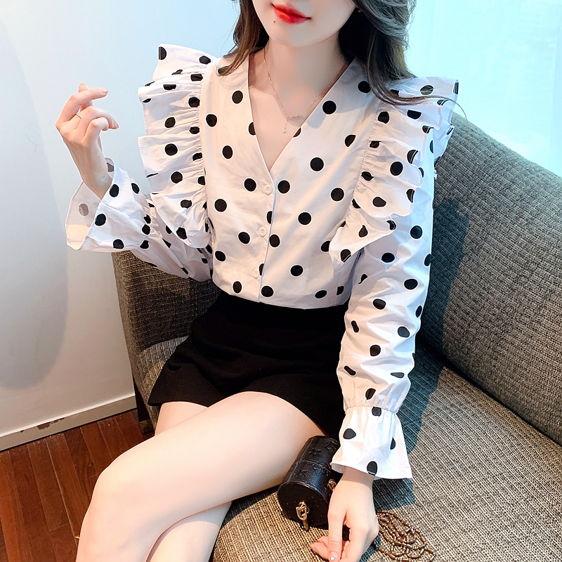 Black-white polka dot shirt V-neck retro tops for women
