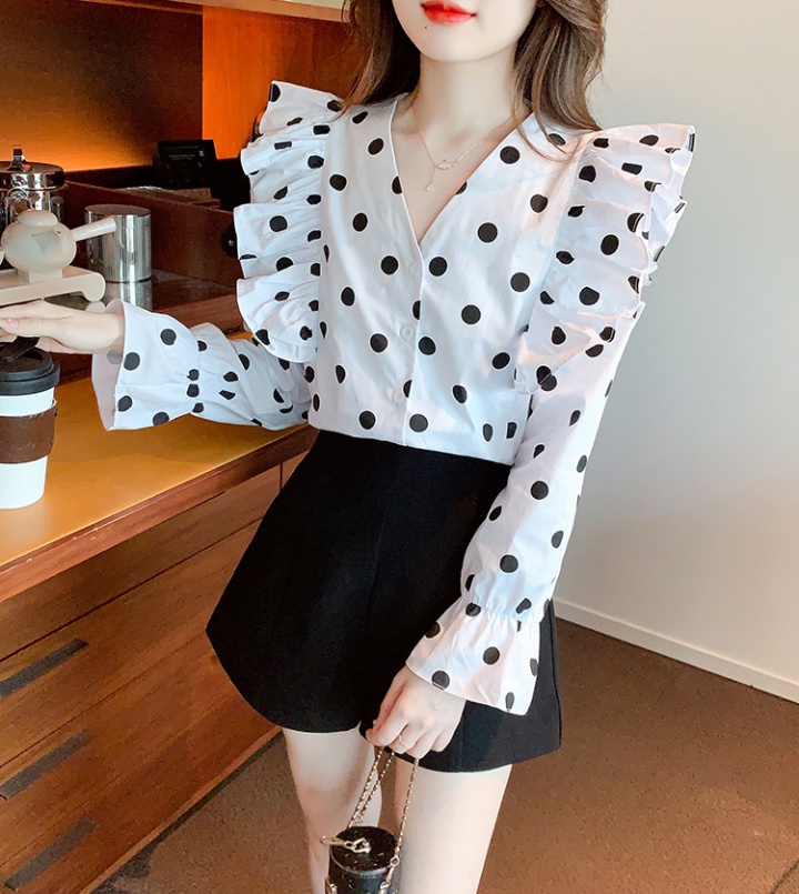 Black-white polka dot shirt V-neck retro tops for women