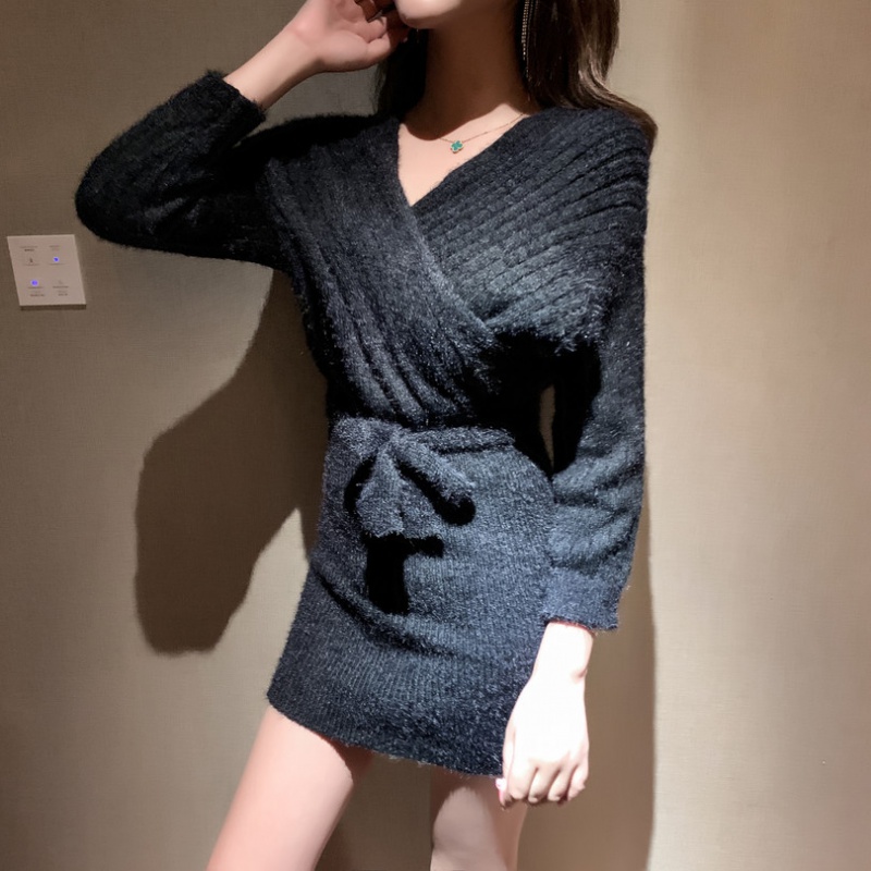 V-neck package hip mink hair sweater fashion sexy dress