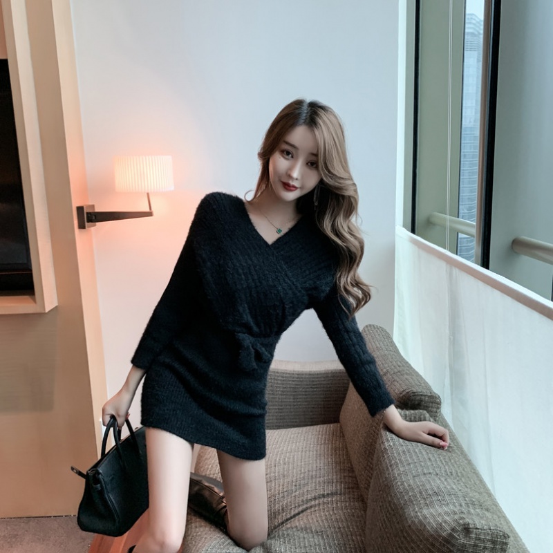 V-neck package hip mink hair sweater fashion sexy dress