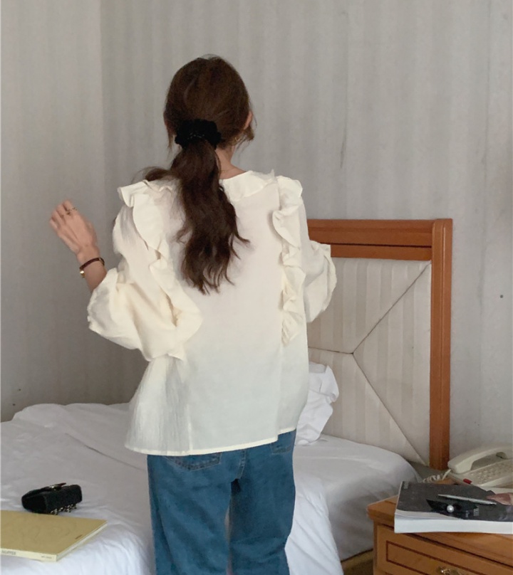 V-neck Korean style long sleeve sweet lotus leaf edges shirt