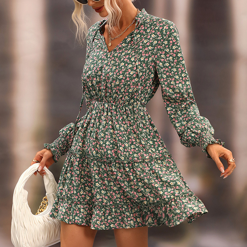 Pinched waist European style floral dress for women