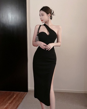 Pure sloping shoulder formal dress spicegirl long dress