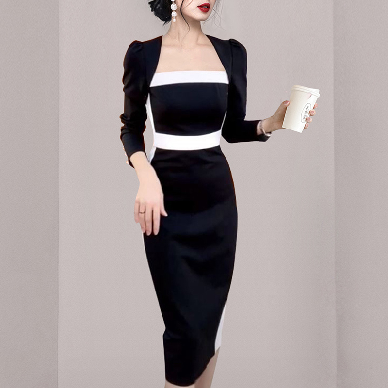 Mixed colors France style black-white temperament dress