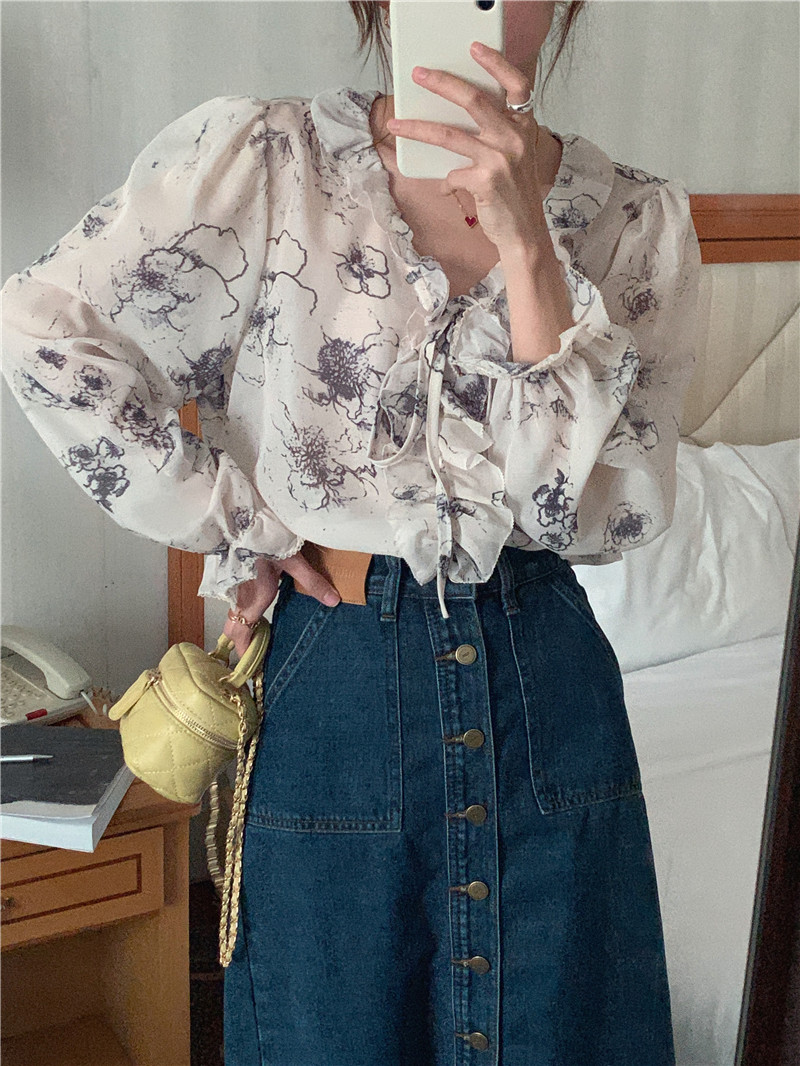 Tender pullover chiffon Korean style floral shirt
