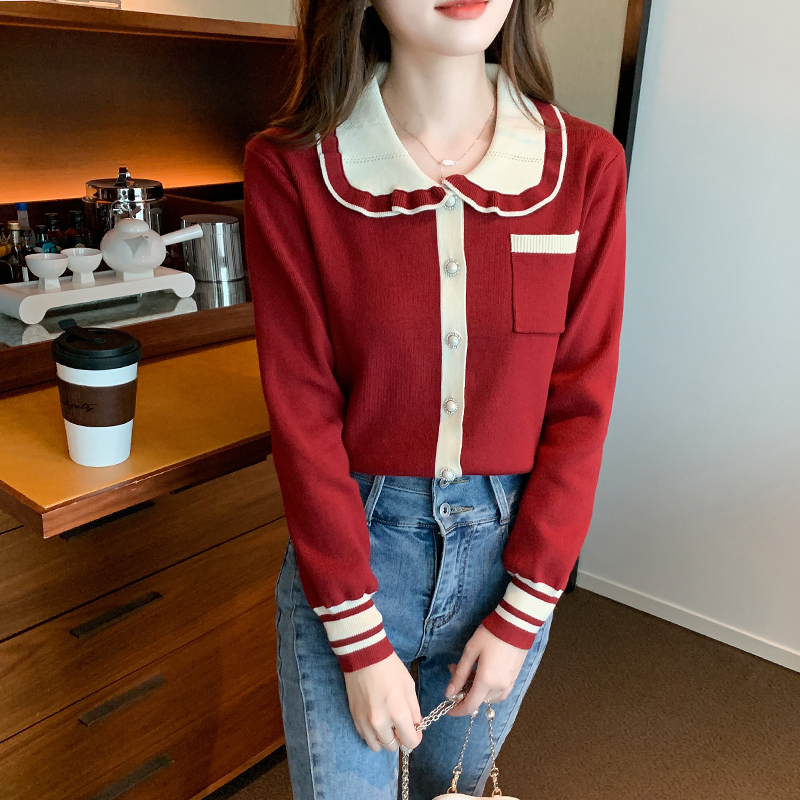 Winter doll collar sweater long sleeve red tops
