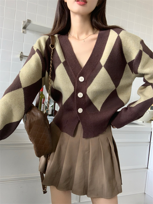 Diamond plaid V-neck coat knitted autumn and winter cardigan