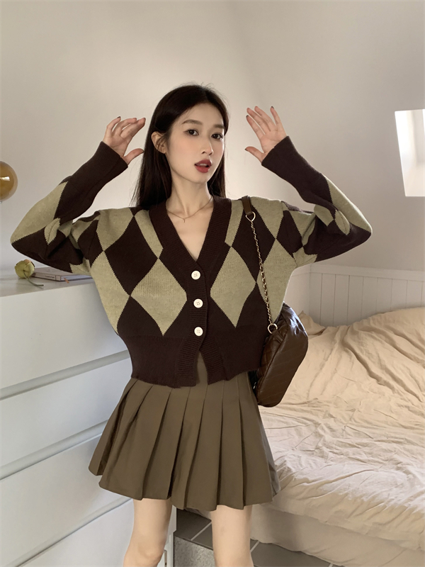 Diamond plaid V-neck coat knitted autumn and winter cardigan