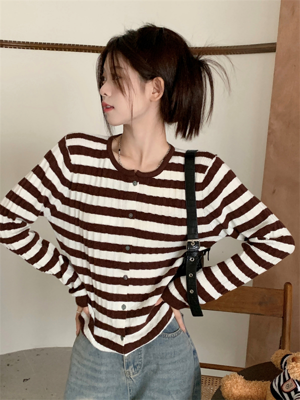 Loose knitted bottoming shirt slim stripe cardigan