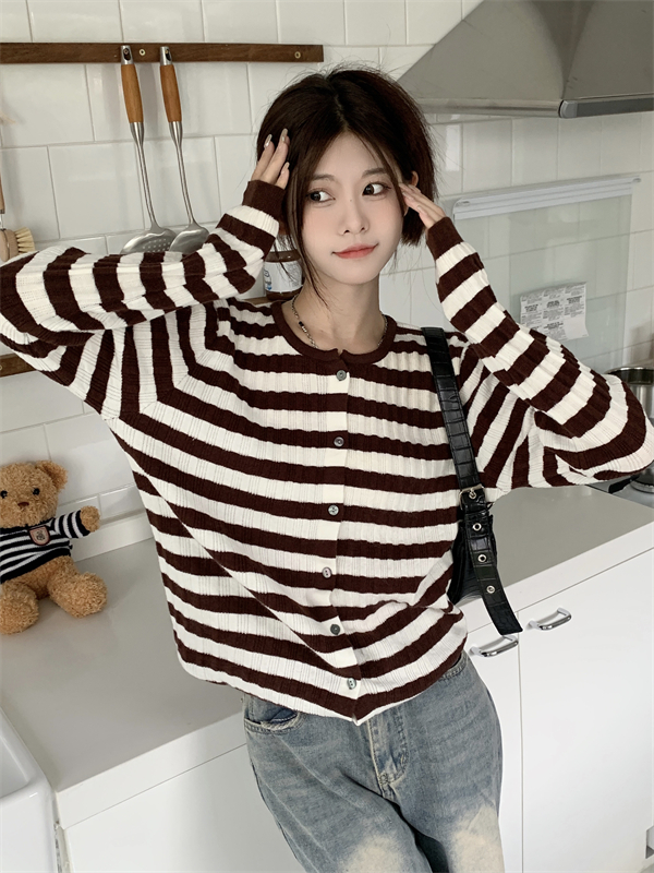 Loose knitted bottoming shirt slim stripe cardigan