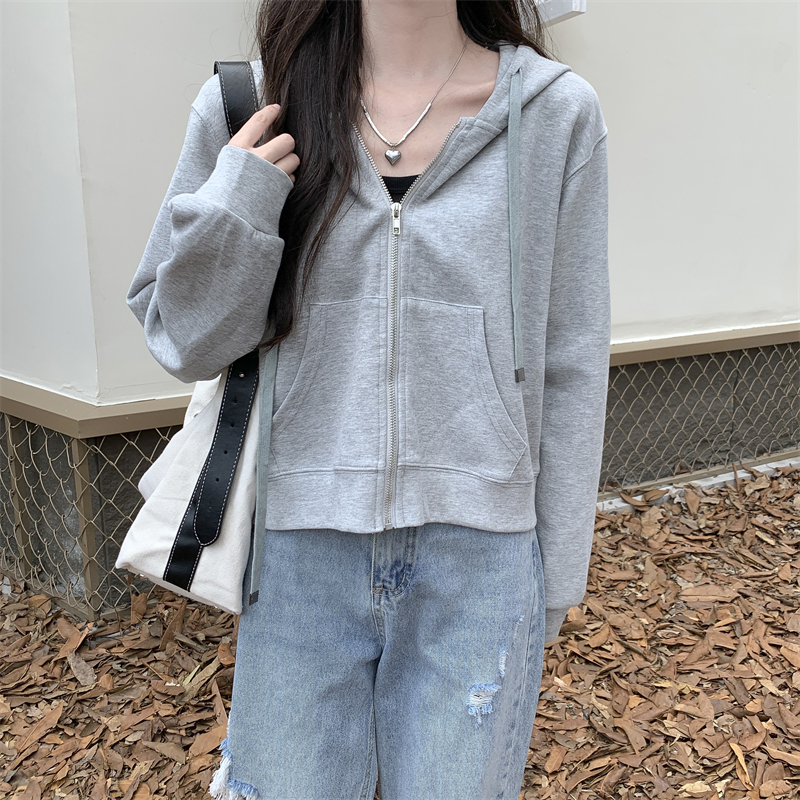 Long sleeve gray autumn cardigan loose hooded lazy tops for women