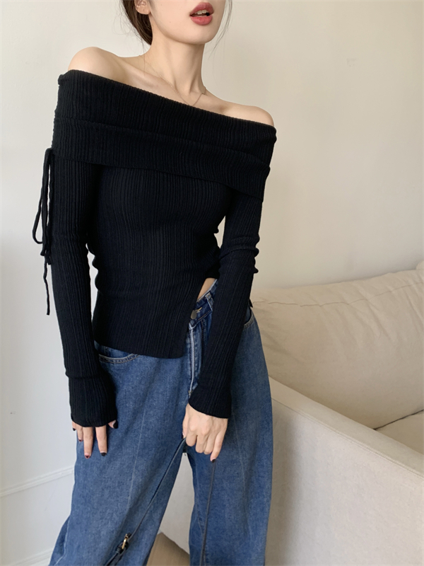 Flat shoulder knitted autumn T-shirt split unique strapless tops