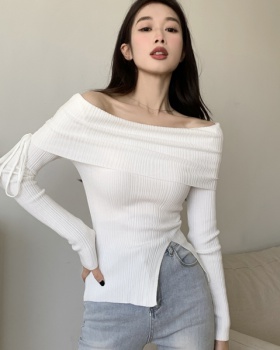 Flat shoulder knitted autumn T-shirt split unique strapless tops
