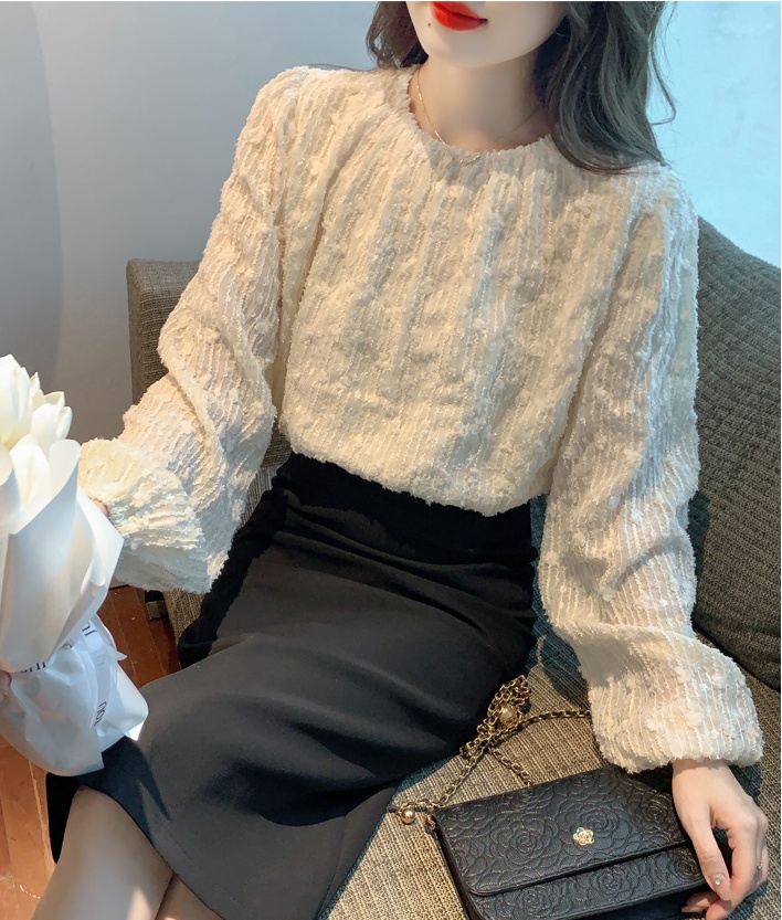 Round neck loose chiffon shirt lace tops for women