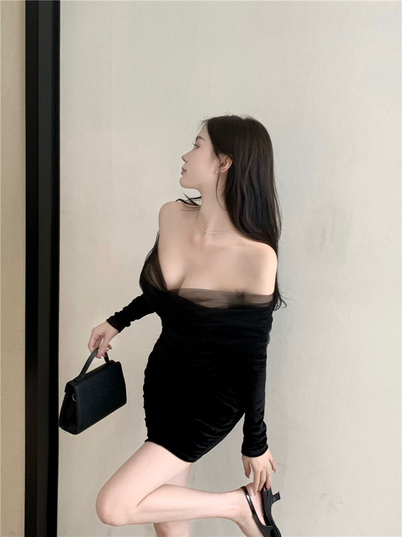 Package hip black pinched waist sexy dress for women