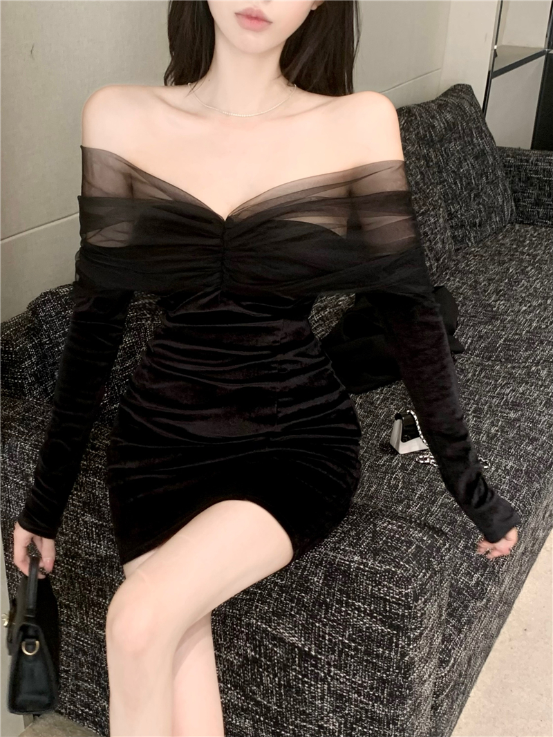 Package hip black pinched waist sexy dress for women