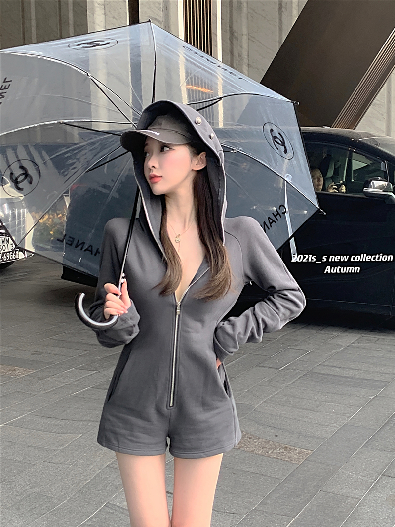 Conjoined slim shorts hooded long sleeve shirts for women