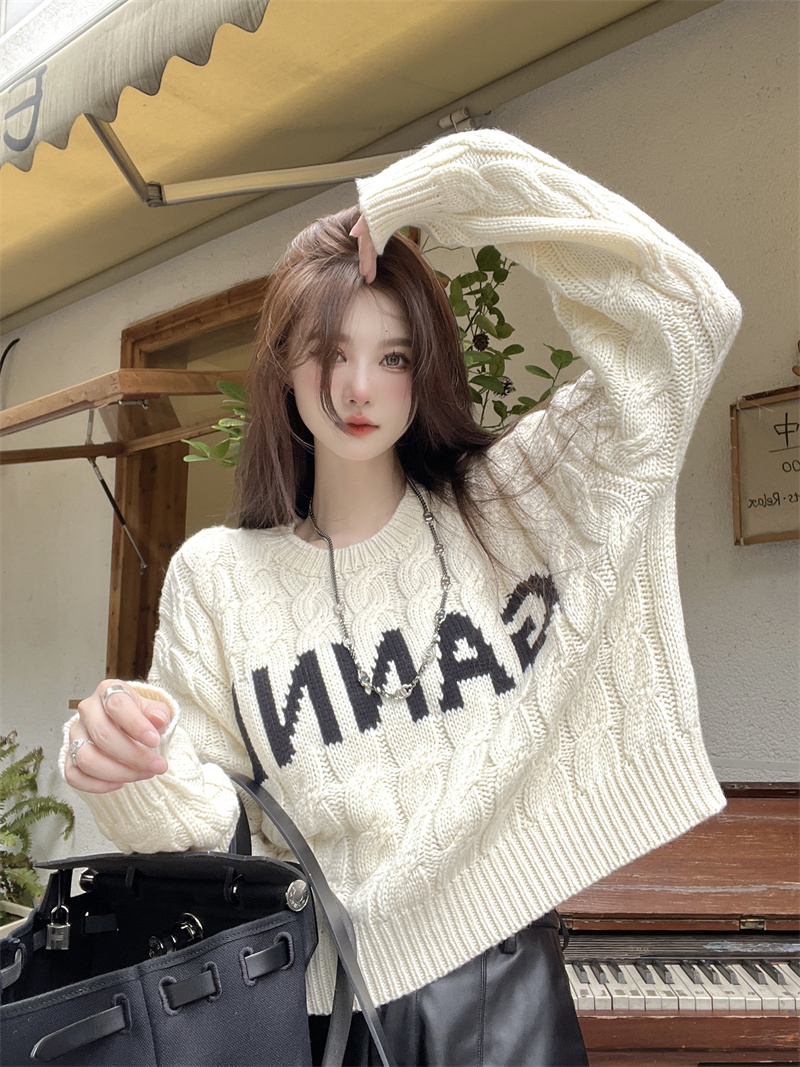 Twist round neck Casual sweater short letters tops