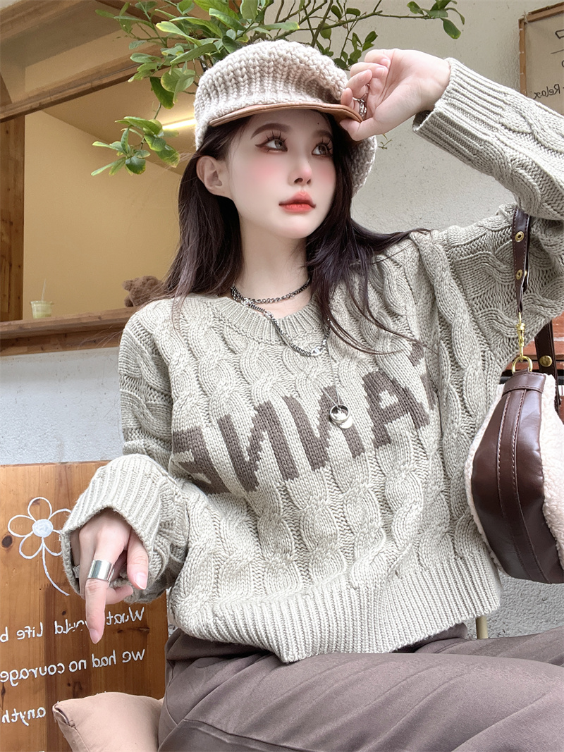 Twist round neck Casual sweater short letters tops