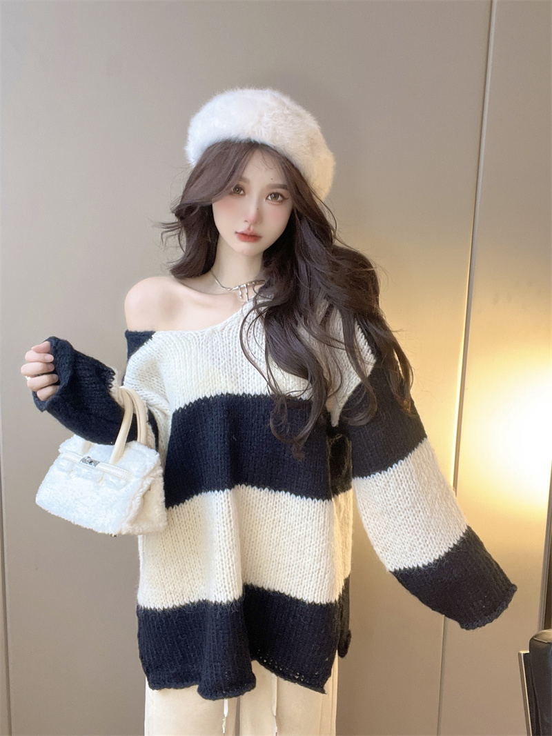 Long loose stripe long sleeve lazy autumn sweater