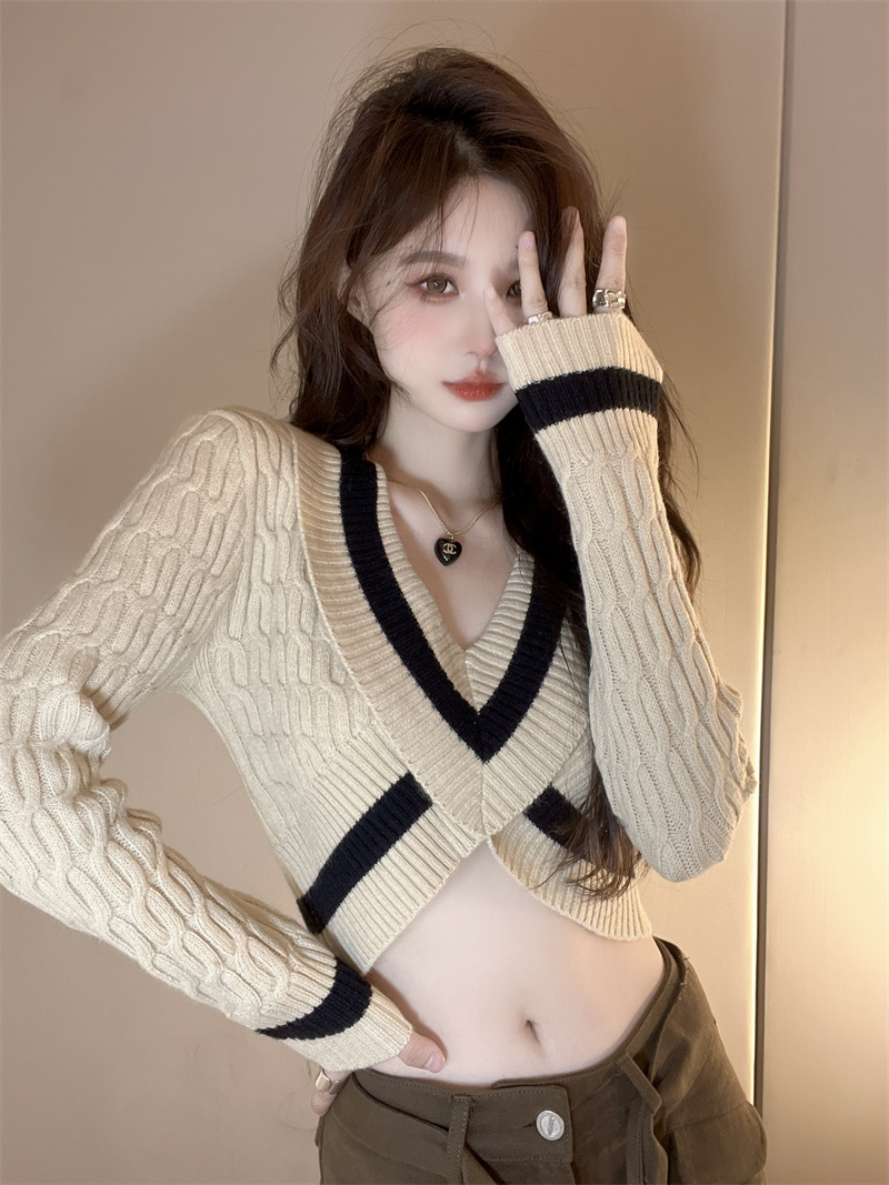 V-neck short spicegirl sweater autumn navel tops for women