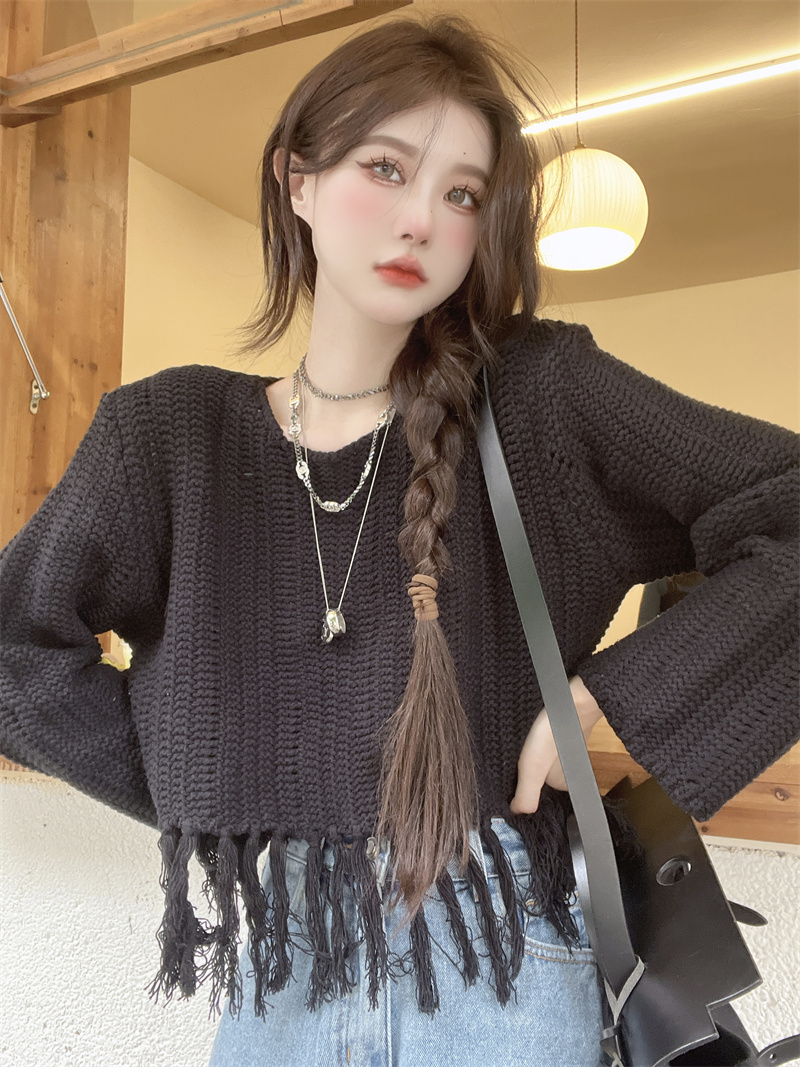 Tassels hollow Japanese style long sleeve sweater for women