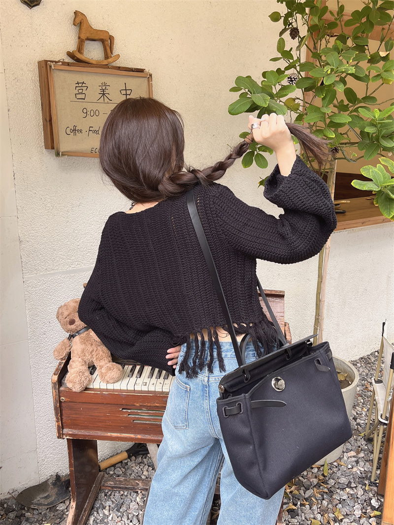 Tassels hollow Japanese style long sleeve sweater for women
