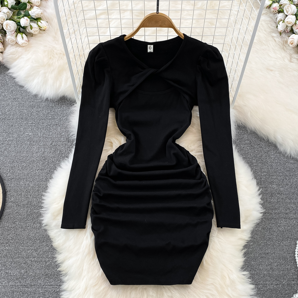 Pseudo-two temperament sexy pinched waist dress for women