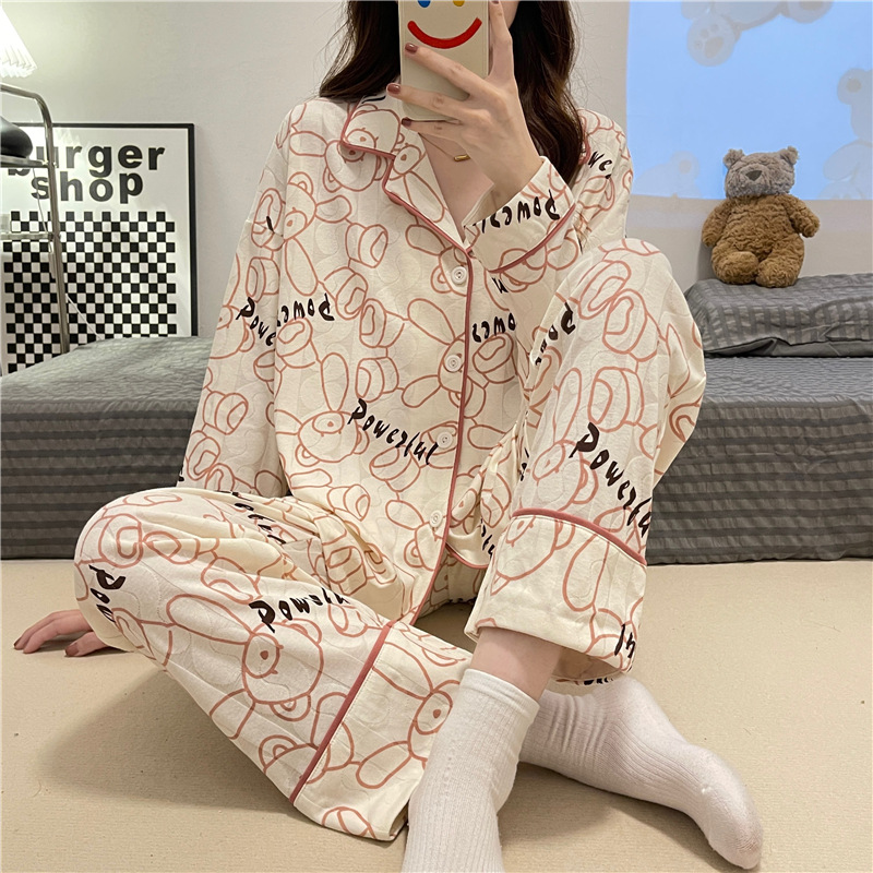 Cotton lovely cartoon long sleeve pajamas 2pcs set for women