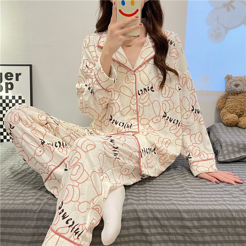 Cotton lovely cartoon long sleeve pajamas 2pcs set for women