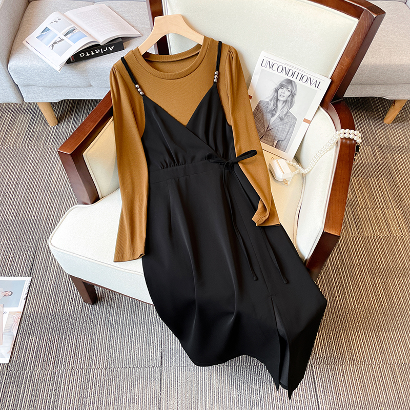 Splice knitted round neck tops Pseudo-two pinched waist dress