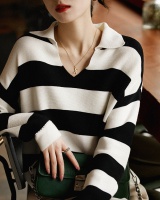 Lapel wool lazy unique retro stripe knitted light tops