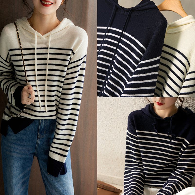 Hooded elegant stripe lazy cozy sweater