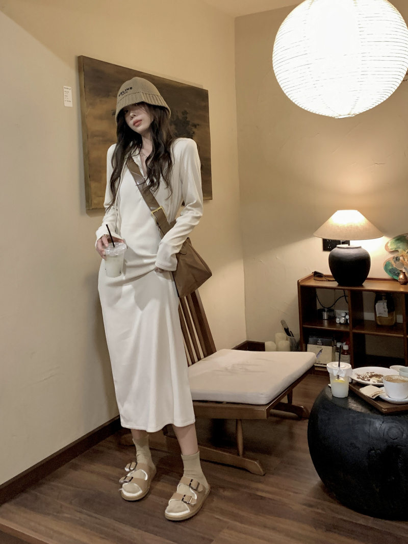 Apricot all-match slim hooded knitted autumn dress