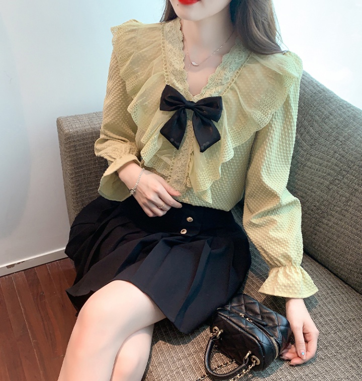 Lace France style tops bow chiffon shirt for women